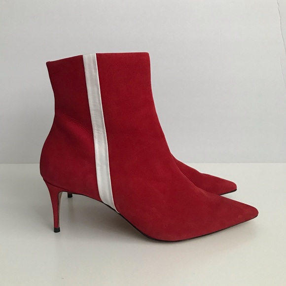 Schutz  Adrien Red Suede White Stripe Ankle Boots - Picture 2 of 8